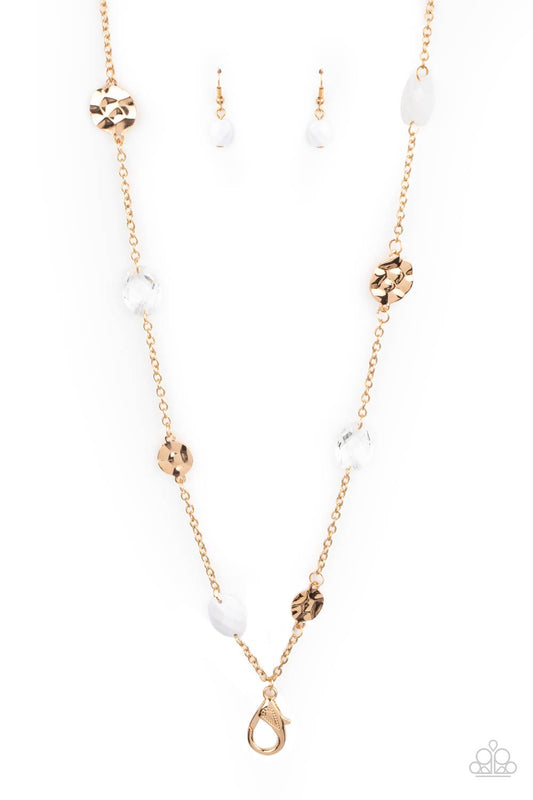 Glossy Glamorous - White and Gold Paparazzi Lanyard