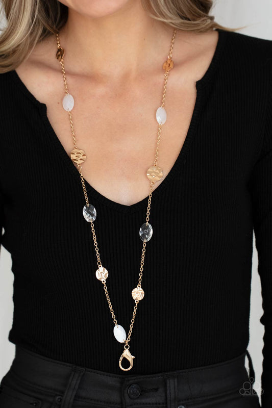 Glossy Glamorous - White and Gold Paparazzi Lanyard