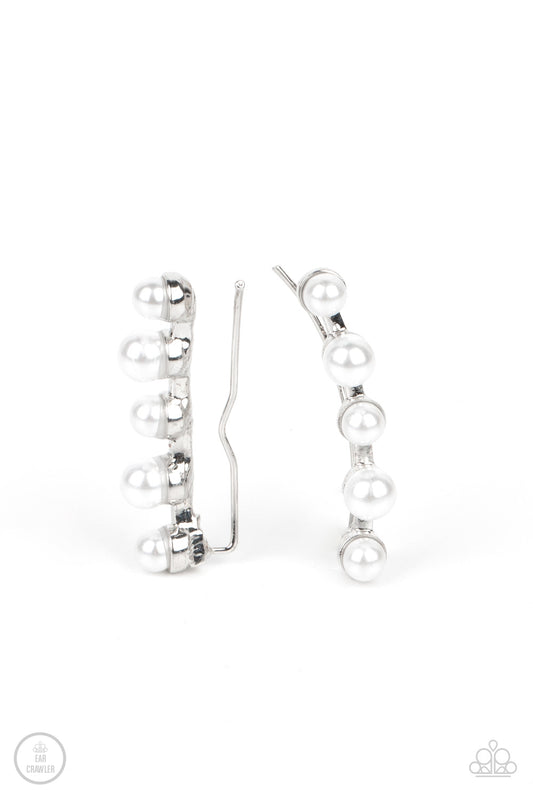 Drop-Top Attitude - Silver and Pearl  Paparazzi Ear Crawler Earrings