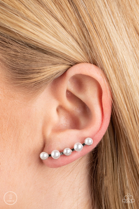 Drop-Top Attitude - Silver and Pearl  Paparazzi Ear Crawler Earrings
