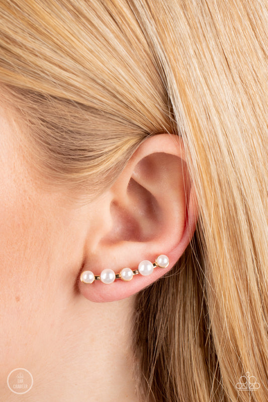 Drop-Top Attitude - Gold and Pearl Ear Crawler Paparazzi Earrings
